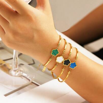 1 pieza Brazalete decorativo con flor de 5 hojas geométrica de acero inoxidable chapado en oro de 18K de moda