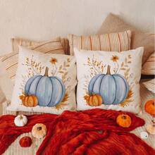 2 件秋季枕套，秋季主题蓝色南瓜叶装饰户外抱枕套，农舍靠垫沙发感恩节家居装饰。