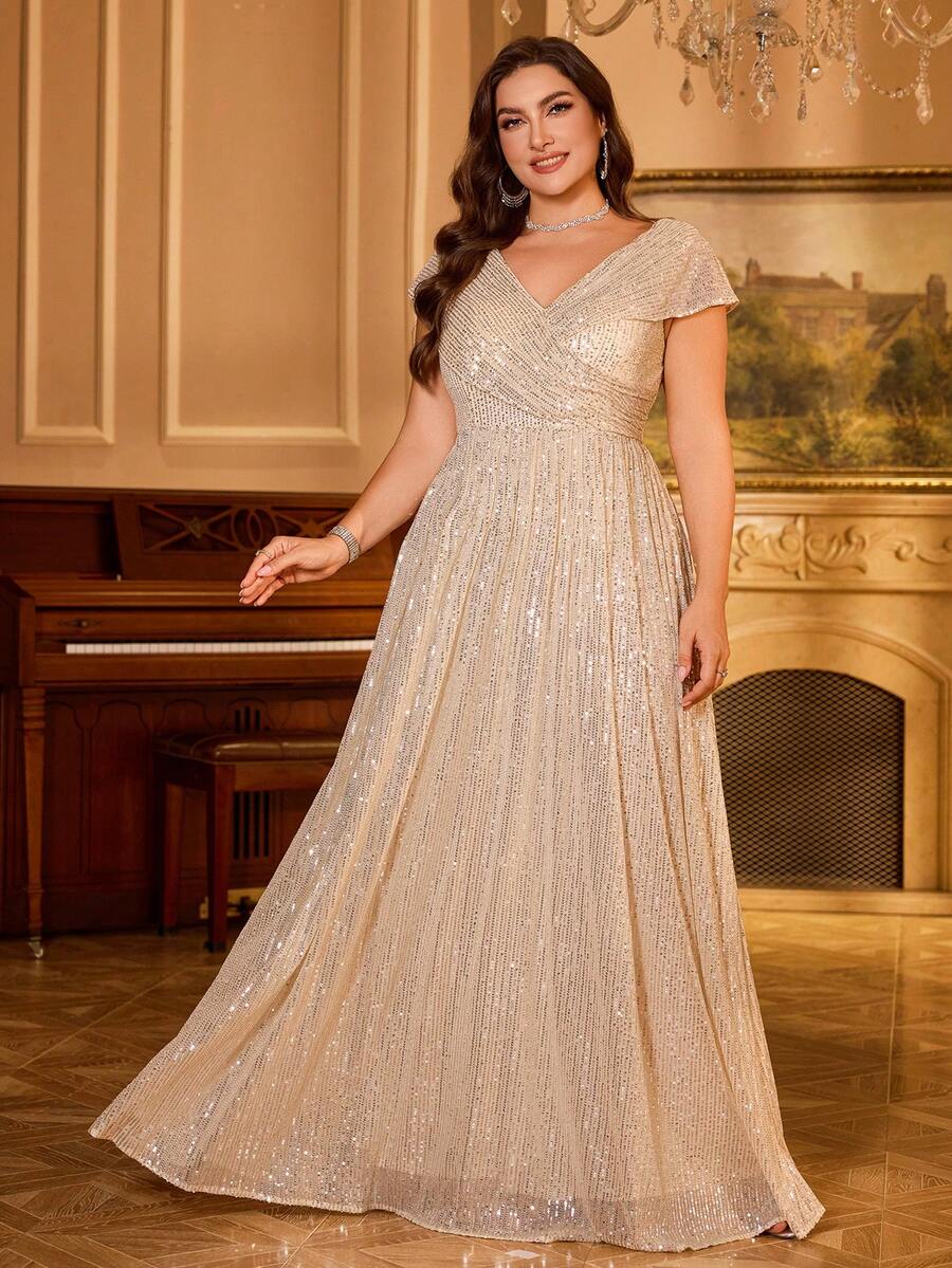 UNITHORSE V领闪亮亮片交叉前褶饰高低下摆晚会礼服 - 香檳色 - 查看 1