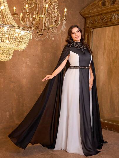  Vestido largo elegante de noche, vestido de novia, vestido de fiesta para mujer de talla grande con cuello alto, manga extra larga, aplicaciones y fibra de lyocell sintética ajustada de UNITHORSE