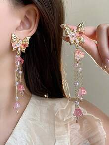 1pair Gold-Tone Pink Long Butterfly Pearl Tassel Earrings, Suitable For Spring/Summer Outfits - Hồng - Xem 4