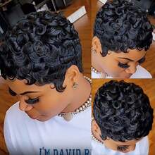 Chic Short Loose Pixie Cut Wig With Bangs Layered Curly Wave Wig Brazilian Remy Human Hair Wig Glueless Rose Net Wig Party Wig For Woman Special Festival Used Music Festival Mother's Day Carnival Valentine's Day Halloween All Saints' Day Christmas Day Cosplay Spring Summer Autumn Winter Local Warehouse New Product Discounts Wigs - Natural Black - 查看 8