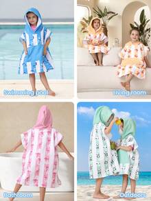 SHENG CHUN Original Design Cute Animal Striped Print Children's Hooded Robe, Suitable For Multi-Age, Absorbent, Large Pocket, Super Soft Fiber, Essential For Home, Beach, Swimming, Bathing, Spa, Can Dry Hair & Body, Non-Shedding, Reusable