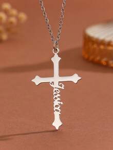 1pc Customizable Name Necklace, Hollow Art Font Cross Pendant, Stainless Steel Material, Unisex, Lucky Charm Gift, Unisex Necklace, Available In Gold & Silver, Customizable, Stainless Steel Jewelry, Cross Necklace, Birthday Gift, Anniversary Gift, Gift For Boyfriend, Charming Necklace, Valentine's Day Gift - Multicolor - View 3