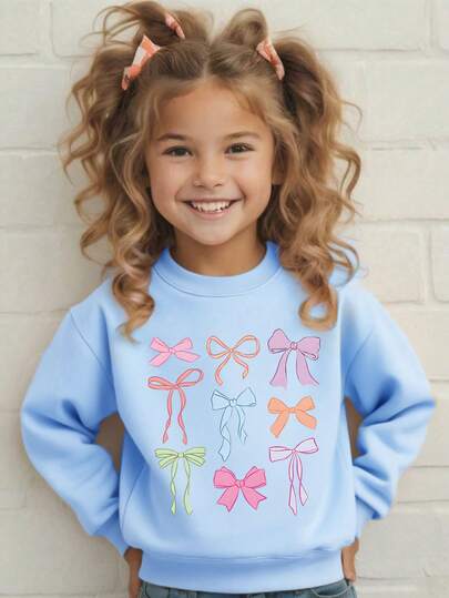 Young Girl Bowknot Print Sweatshirt Crewneck Long Sleeve Sweatshirt Casual Comfy Fall Fashion Sweatshirt