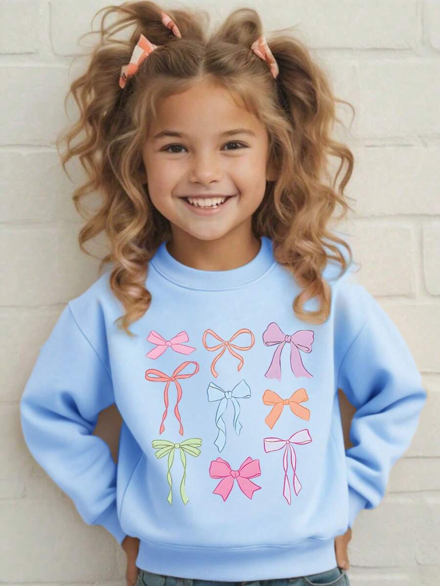 Girls' Bow Print T-Shirt Round Neck Long Sleeve T-Shirt, Casual Comfortable Fashionable Outfit For Autumn - Baby Blue - View 1