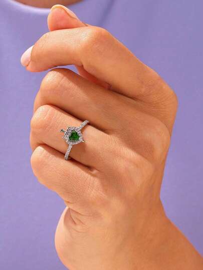 1pc 925 Sterling Silver Fashion Cross & Green Heart Ring, Vintage Style, Suitable For Daily Wear Or Gift