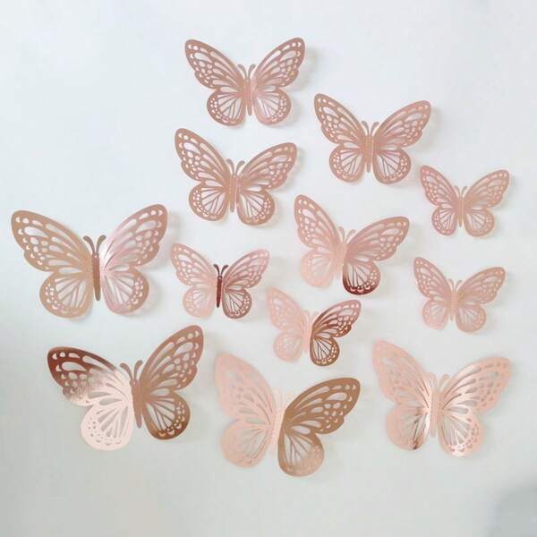 12pcs 3d Three-Dimensional Hollowed-Out Butterfly Wall Stickers For Living Room Wall Decorations, Warm And Romantic Festival Arrangements, Self-Adhesive Paper