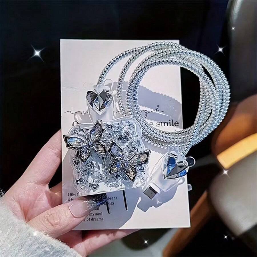 3D Bowknot/Heart/Star Charger Protector Case, Suitable For IPhone 16 Pro Max Charger, Data Cable Protector, Suitable For IPhone 16/15/14/13 Charger 18/20W Fast Charging Head, Anti-Breakage Design, Gift For Boyfriend/Girlfriend - Diamond Butterfly - View 1