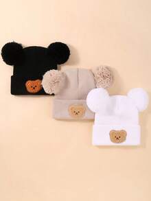 3-Piece Double Ball Decorated Bear Embroidery Knitted Hat Combination, Fashion Cute Bear, Suitable For Daily Leisure Collocation
