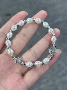 1 件仿珍珠串珠十字架和圣母玛利亚吊坠手链，复古风格，适合男女，日常佩戴，珠宝礼物 - 彩色 - 查看 8