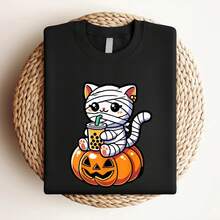 Women T-Shirt Print Kawaii Mummy Cat Drinking Boba Tea Halloween Pumpkin Men Women  T-Shirt T-Shirt For Women Casual Women Top Graphic Tees Comfortable Versatile Graphic Casual Top For Everyday Wear Summer Women Print Round Neck Short Sleeve Soft Designer Clothes