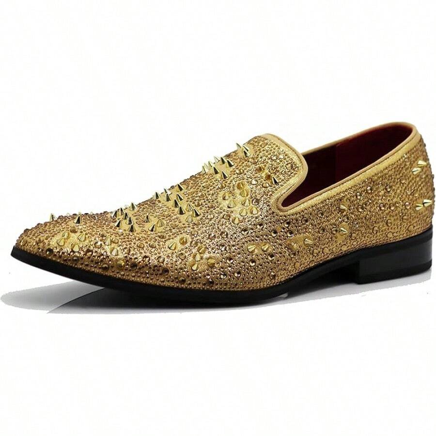 Men Fashion Rhinestones Studs Slip On Loafer Dress Shoes WBG-20256688 - 金色(02) - 查看 1