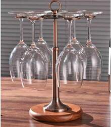 Soporte para copas de vino de 6 tazas, organizador de copas altas de metal y madera, soporte de almacenamiento de copas resistente con base antideslizante para cocina, restaurante y bar - Marrón - Ver 8