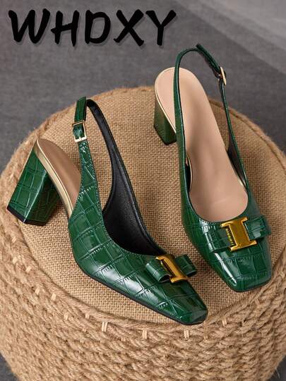 WHDXY 1 Pair Women's Square Toe Backless Preppy Style Buckle Decor Office High Heel Pumps, Sexy Runway 7CM Chunky Heel Dress Shoes For Work, Flight Attendant, Party