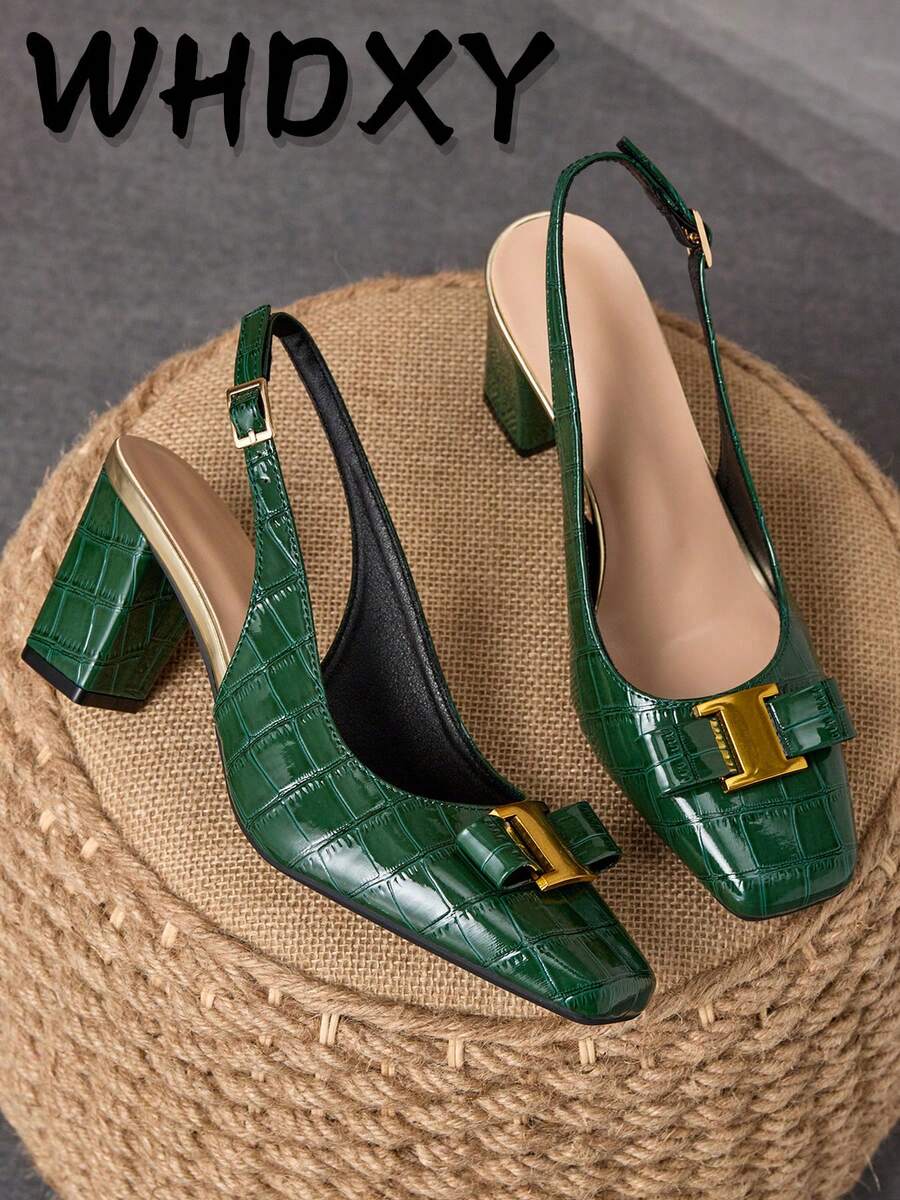 WHDXY 1 Pair Women's Square Toe Backless Preppy Style Buckle Decor Office High Heel Pumps, Sexy Runway 7CM Chunky Heel Dress Shoes For Work, Flight Attendant, Party - màu xanh lá - Xem 1