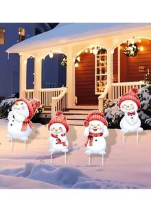 4 Peças Decoração de Jardim de Plástico para o Natal, Decorações Natalinas Externas - Placas de Jardim em Forma de Boneco de Neve com Estacas, Jardim, Gramado, Entrada, Enfeites Festivos de Ano Novo