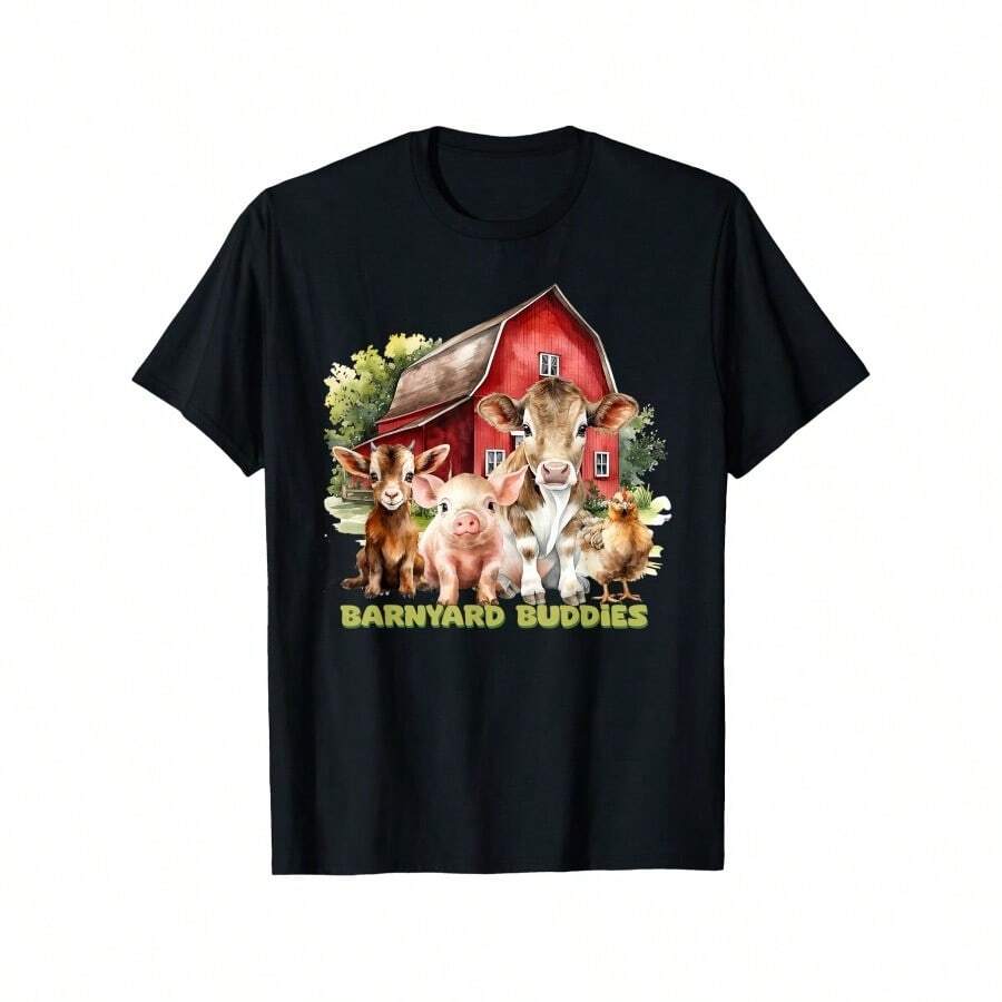 Barnyard Buddies Cute Cow Goat Pig Hen On The Farm Barnyard T-Shirt - Black - View 1
