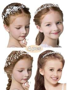 1 pieza Tocado de niña de las flores, Tocado de boda plateado, Tocado de princesa con cristales y perlas, Adecuado para boda, cumpleaños, primera comunión, fotografía - Blanco - Ver 2