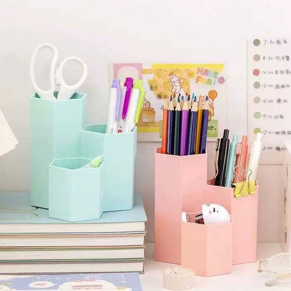 1 Stück stilvoller, minimalistischer Candy-Farben Hexagon 3-Fach Schreibtischorganizer, multifunktionale Büro-Tischdekoration Stifthalter, Aufbewahrung für Make-up Pinsel