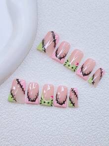 10pcs Y2K Nails Chic Duckbill Press On Nails Set - Handcrafted, Green Nails, Pink Nails, Green And Pink French Tip Nails, Hand Drawn Black Kitten, Hand Drawn Element Design Decoration, Sparkling Exquisite Halloween Nails, - Suitable For Women And Girls, Party, Wedding, Daily Wear, DIY Nail Art, Nail Set, Includes Tool Kit. Duck Nails. Handmade Acrylic Press On Nails. Goth Nails. Nail Supplies - Multicolor - View 10