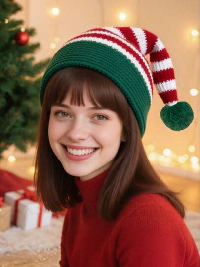 Berretto lavorato a maglia natalizio neutro - Cappello morbido e caldo a righe rosse, bianche e verdi con pon pon verde, accessori per feste natalizie universali e copricapo festivo, autunno/inverno