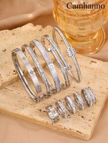 Camhanno 10pcs Exquisite And Fashionable Stainless Steel Bracelet Ring Set, Uniquely Designed, Perfect For Dating Occasions, Adding A Touch Of Elegance To Your Appearance, Perfect For Holiday And Birthday Gifts - Multicolor - View 6