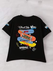 青少年男童滑板印花圆领T恤，夏季休闲柔软上衣 - 黑色 - 查看 2