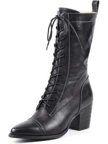 Women's Mid Calf Lace Up Combat Boots With Side Zipper Winter Boots Faux - màu xanh lá - Xem 5