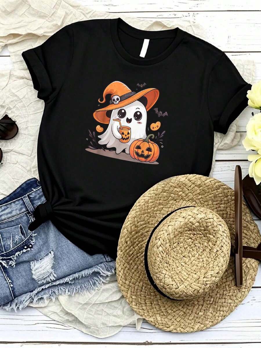 Women T-Shirt Print Cute Ghost Drinking Ice Coffee Halloween Womens Costume T-Shirt Female Designer Clothes Breathable Versatile Graphic T-Shirt For Women Casual Stylish Soft Women Top Graphic Tees Comfortable Stretched Summer Unisex Slightly Streetwear