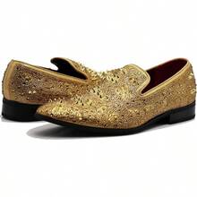 Men Fashion Rhinestones Studs Slip On Loafer Dress Shoes WBG-20256688 - 金色(02) - 查看 7