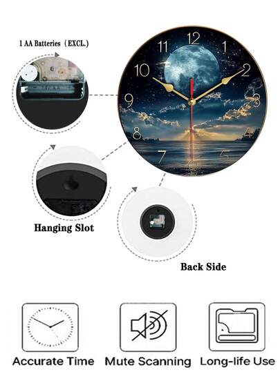 Pc 10 Inch/12 Inch Moderne Wood Wand Klok Moonlit Night Sky 2D Flat, Classic Golden Numbers, Mounted, Multipurpose Home Or Office, Nighttime scape Durable Clock, Room view 6