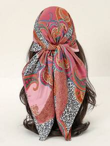 1pc Moonlight Silk Chain Geometric Print Headscarf Bandana 85cm Bandana,Hair Band,Head Band Ideal For Dressing Up Your Look - 粉紅色-1 - 查看 1