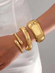 3pcs/Set Minimalist Geometric Asymmetrical Teardrop Shaped Metal Bangle Bracelet Set, Thick Solid Gold-Tone Alloy Material, Suitable For Women - Yellow Gold - View 1