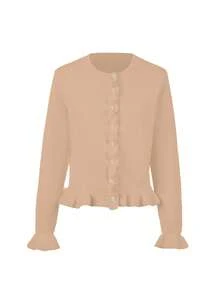 Cárdigan de punto para mujer de otoño/invierno, nueva llegada - de vuelta a la escuela - estilo de moda minimalista casual, básico con botones, volantes en el bajo, bajo asimétrico, puños de punto ajustados, para la oficina, salir, viajes, Año Nuevo, Navidad - Caqui - Ver 5