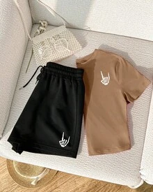 Set de 2 piezas de camiseta y pantalones cortos con estampado Halloween calavera , para mujer, informal, adecuado para el verano - Caqui - Ver 3
