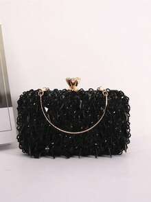 New Embroidered Beaded Water Droplets Sequined Handbag For Women, European And American Fashion Banquet Bag, Evening Bag, Beaded Bag - 黑色 - 查看 2