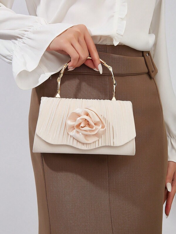 1 pièce Sac à main plissé en satin abricot avec fleurs 3D et anse en bambou, pochette de luxe française pour soirée