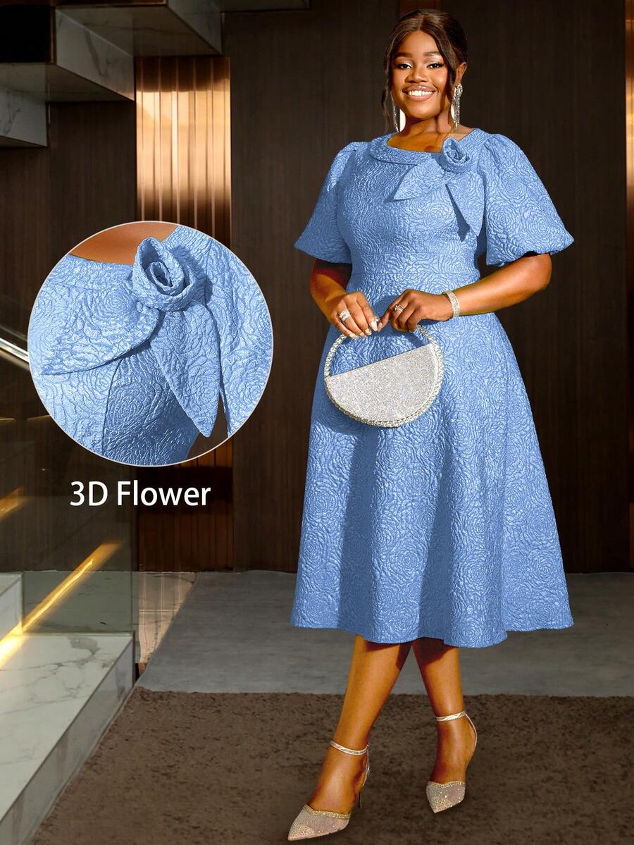 Đầm tốt nghiệp dáng chữ A tay phồng họa tiết hoa hồng jacquard cỡ lớn dành cho nữ, thích hợp cho đi làm, dự tiệc cocktail thanh lịch, khiêu vũ bán trang trọng, sinh nhật, dự đám cưới, lễ tốt nghiệp, dạ hội, lễ hội trường và các dịp khác, đặc biệt cho ngày Valentine mùa xuân.