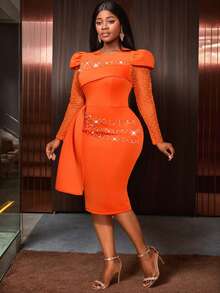 Bodycon Dress Cap Sleeve Patchwork Lace Long Sleeves Beading Pleated Wedding Guest Occasion - trái cam - Xem 2
