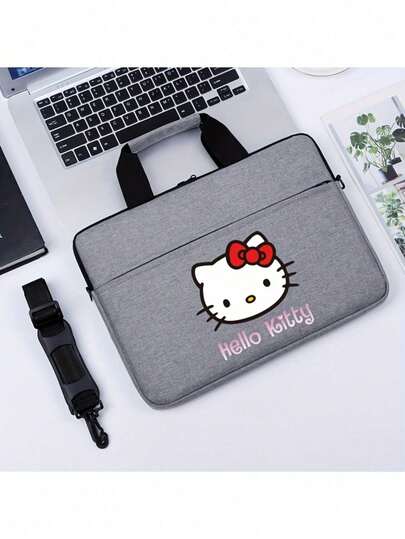 Sanrio Bolsa para laptop Sanrio Hello Kitty (1 unidade) - Leve, em tecido Oxford cinza de 14 polegadas, com alça de ombro removível, design fofo de desenho animado, fechamento em zíper e forro de poliéster. Ideal para escritório, faculdade, viagens, transporte de laptop e como acessório divertido. Fecho de zíper resistente.