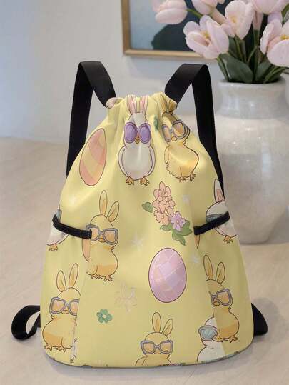 1 st. ryggsäck med dragsko och tecknad kanin, gymväska med dragsko, lätt förvaringsväska med stor kapacitet, lämplig för fitness, resor, simning, strand, gymträning, bärbart fitnesstillbehör