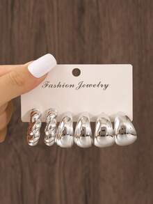 18-6 件优雅朋克 CCB 水滴、不对称三角形环状耳环套装、复古简约扭曲、几何折痕树脂耳环、时尚女性日常、派对、宴会和约会多功能珠宝 - 銀色 - 查看 10