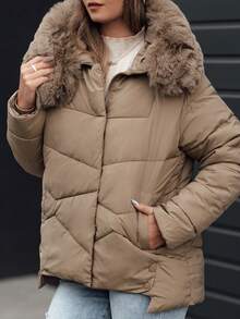 Veste d'hiver matelassée en fausse fourrure à capuche pour femme, doudoune d'hiver chaude avec fermeture éclair pratique et boutons-pression, vêtements d'extérieur de tous les jours pour femme, style élégant, design à la mode, protection contre le froid et le vent - Taupe - Voir 3