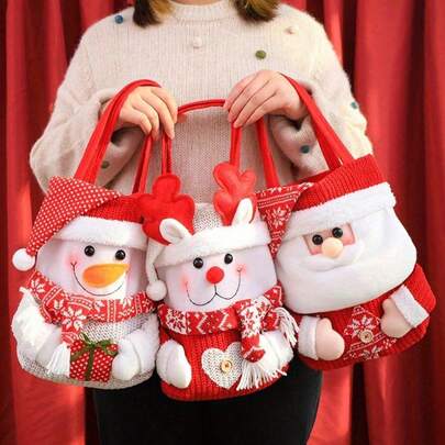 1 件圣诞主题礼品手提袋，带有节日卡通设计 - 圣诞老人、雪人、驯鹿 - 节日糖果和苹果袋，带翻盖封口，适合节日派对装饰，完美的圣诞礼品袋