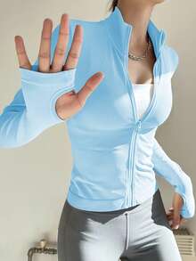 女士专业无缝拉链夹克，紧身剪裁，适合跑步、健身、瑜伽 - 淺藍色 - 查看 9