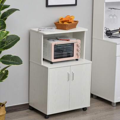 HOMCOM Microwave Cart On Wheels Utility Trolley Storage Sideboard Bookcase With 2-Door Cabinet, White Oak