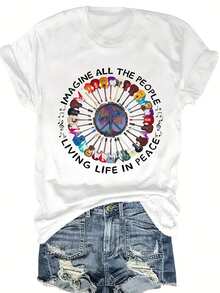 Women's Graphic Print T-Shirt - Short Sleeve Crew Neck Casual Top with Peace Symbols &amp; Inspirational Quote, Lightweight Summer &amp; Spring Tee, Machine Washable, Nontransparent Fabric