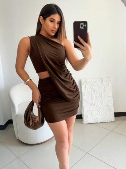 Vestido Trijunto Cropped Saia Capa Sobre Tudo Elegante Com Abertura Lateral Feminino Suplex Um Ombro Só  Transpassado e Drapeado Noite Curto Chic Eventos