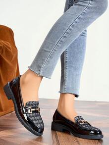 Women's Chunky Platform Color Block Loafers - Patent Leather Slip On With Round Toe & Buckle, Casual Fall Shoes - Black - View 5